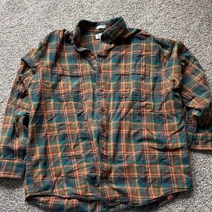 Duluth Trading Co Green and Orange Plaid Casual Button Down Shirt